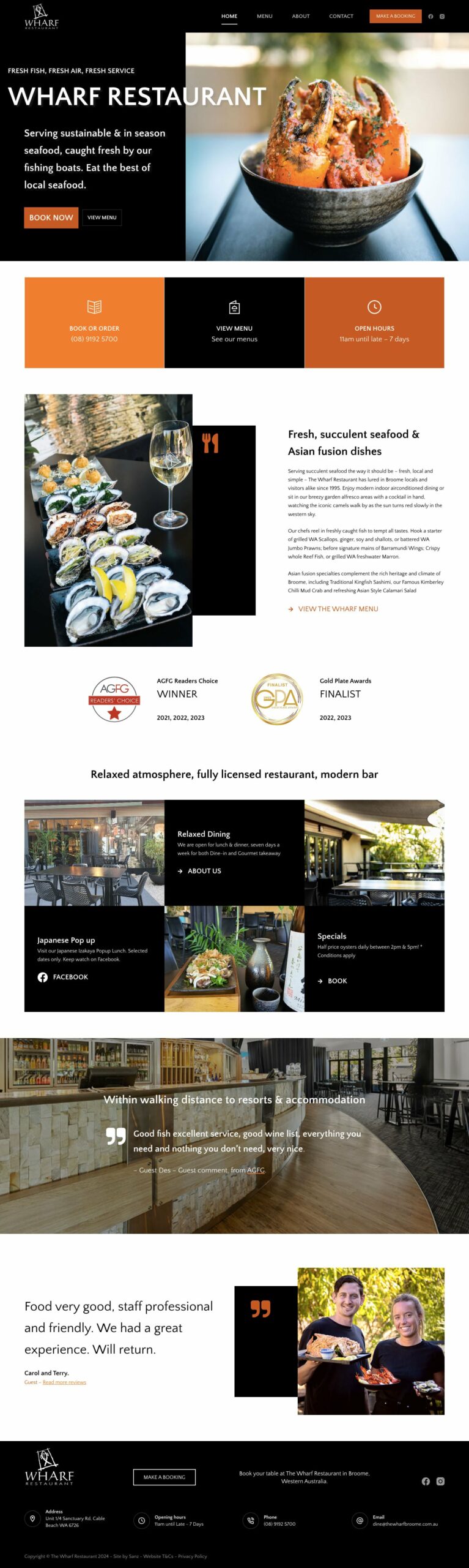 Wharf Restaurant website screenshot.